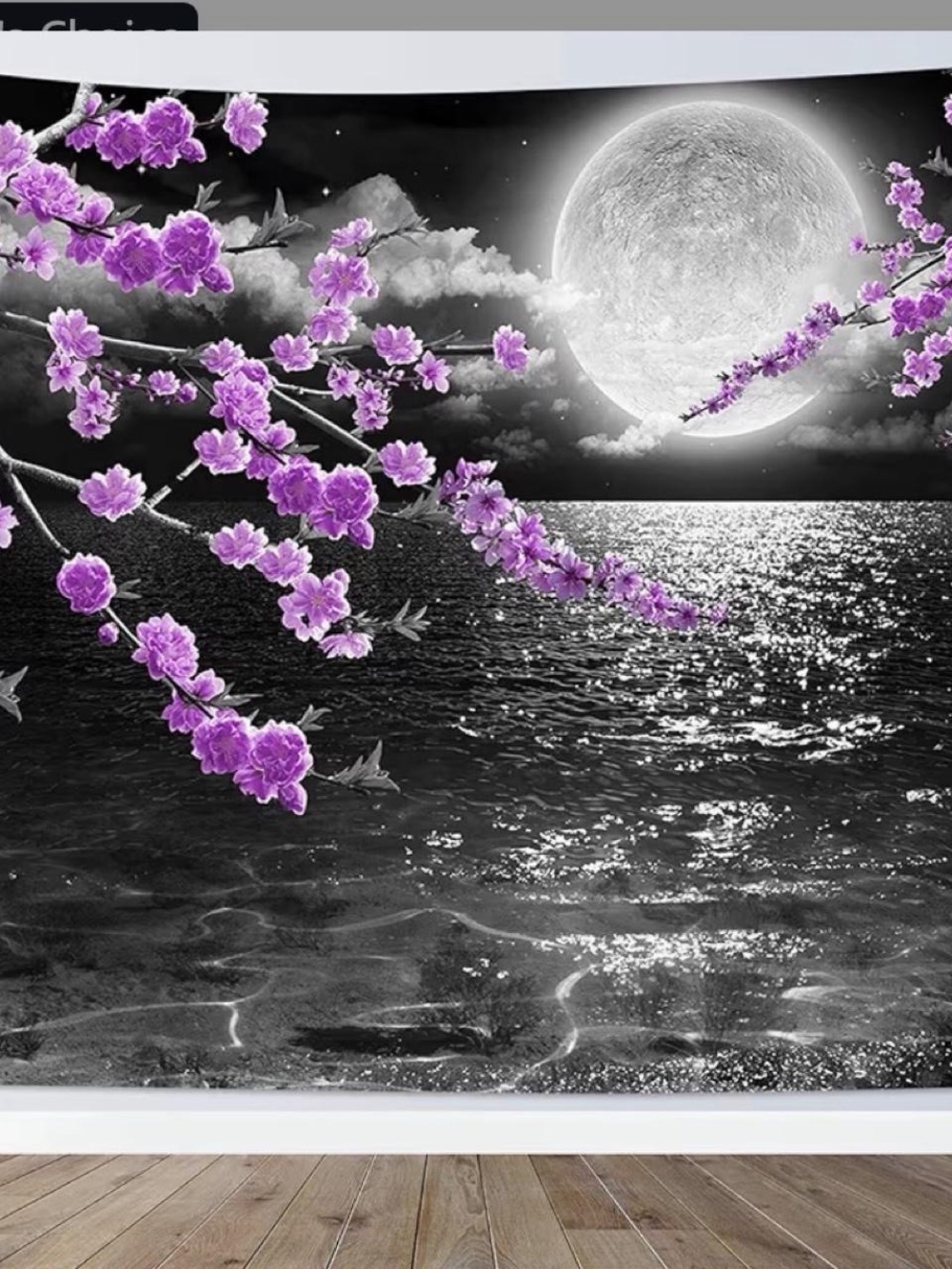 Cherry blossom moonlight seascape tapestry